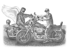 Load image into Gallery viewer, Black and white portrait with a large object - Man with wings and boy on motorcycle - drawings and portraits from your photos - drawking.com - Drawking