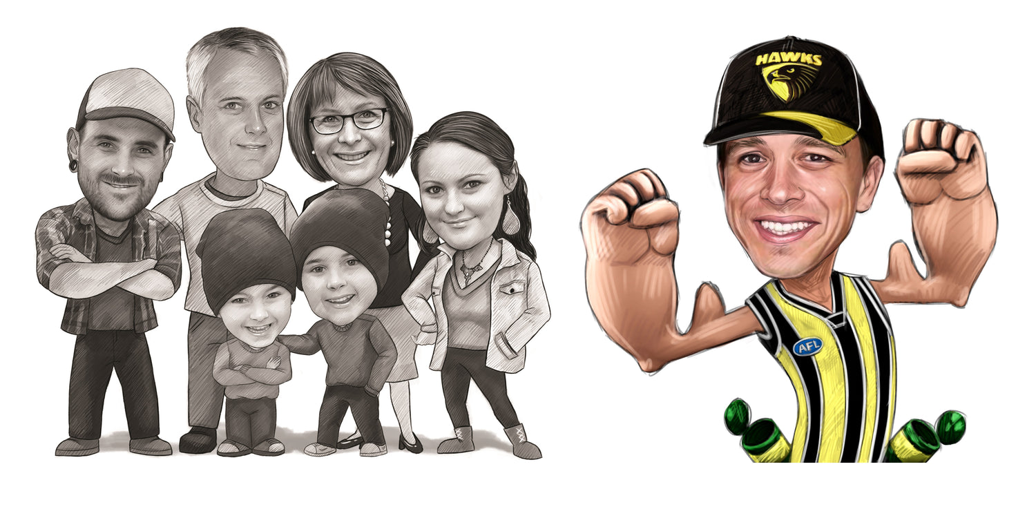 A drawing in caricature (ie. cartoon) style