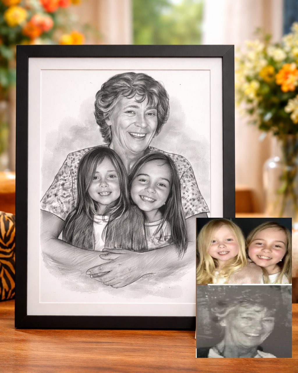 Framed black and white portrait of a woman with two children on a wooden surface.