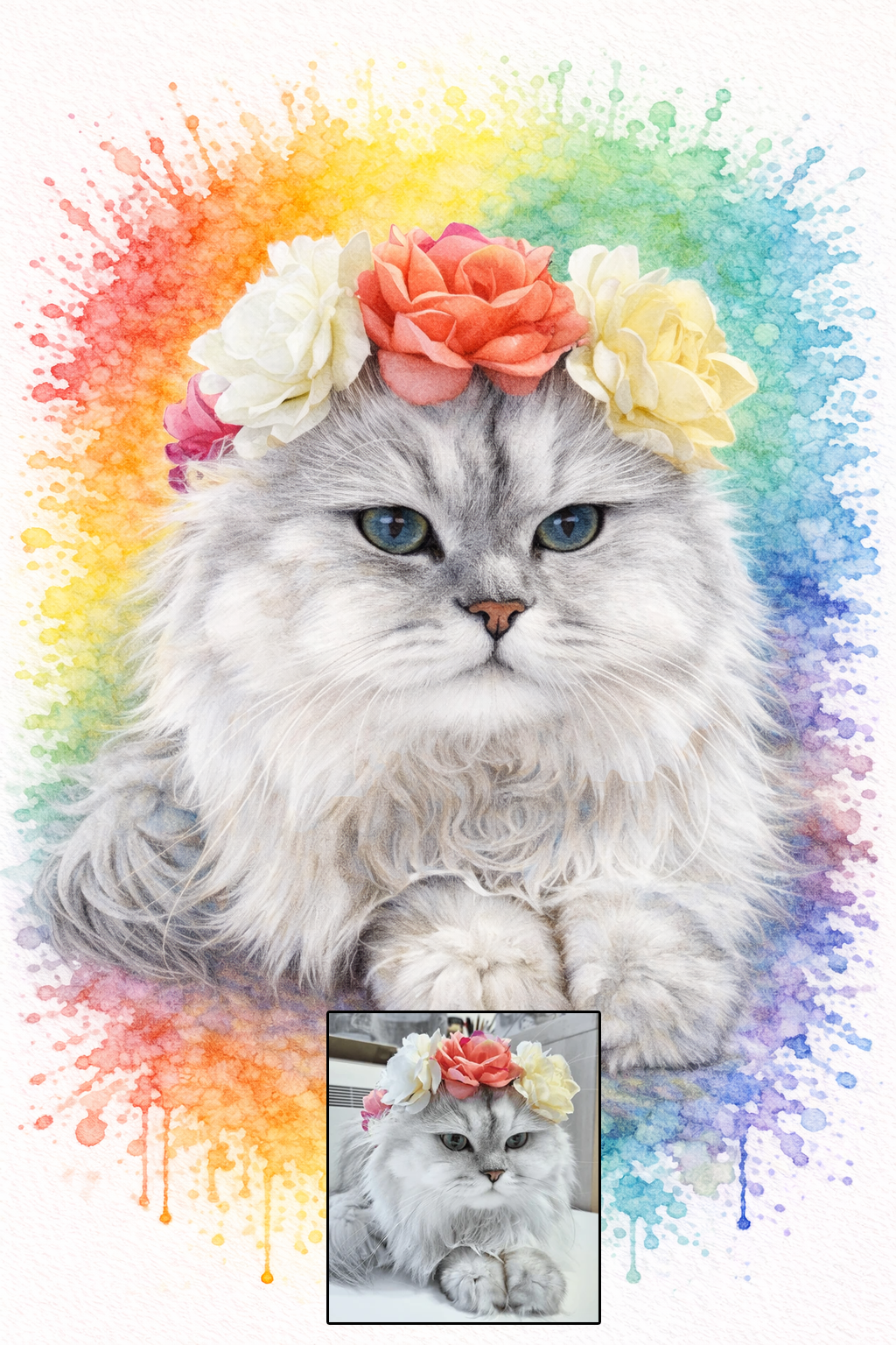DrawKing rainbow colour bomb pet portrait of a white Persian cat with flower crown