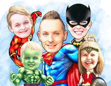 Load image into Gallery viewer, Colour drawing as a character - Family as different  superhero&#39;s - drawings and portraits from your photos -  drawking.com - DrawKing
